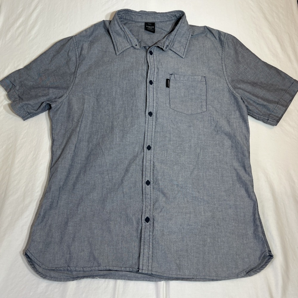Oakley Custom Fit Short Sleeve Cotton Button Down Shirt Heather Blue XLarge